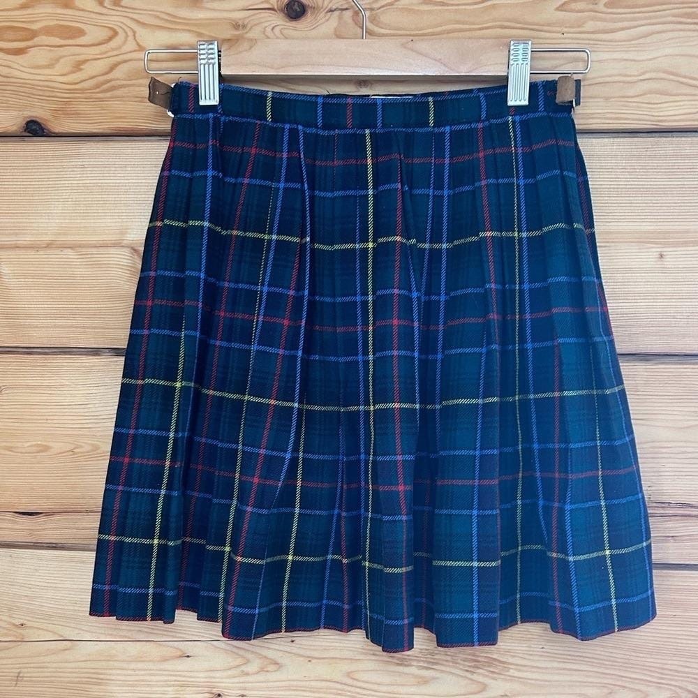 Vintage Wool Tartan Pleated‎ Kilt Skirt Green Blue Womens Small St Michael
